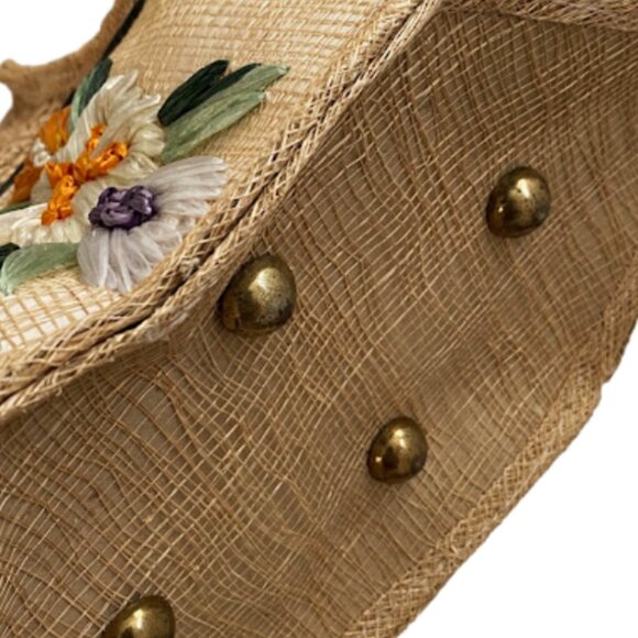 Vintage 50s Artisan Wicker Woven Straw Raphia Shoulder Bag Embroidered Flowers - Picture 10 of 15